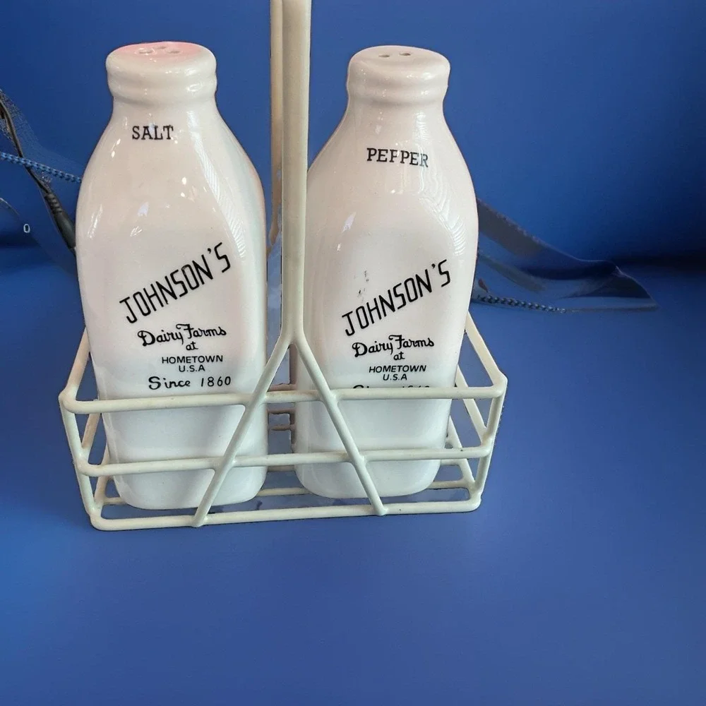 Vintage Johnsons Dairy Farm Since 1860 Salt And Pepper Shakers With White Holder